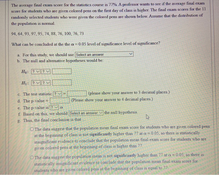 Solved The average final exam score for the statistics | Chegg.com