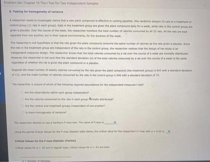 Solved Problem Set: Chapter 10 The t Test for Two | Chegg.com