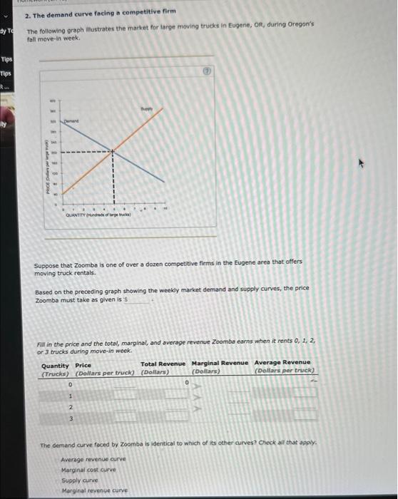 2. The demand curve facing a competitive firm
The following graph llfustrates the market for large moving trucks in Eugene, o