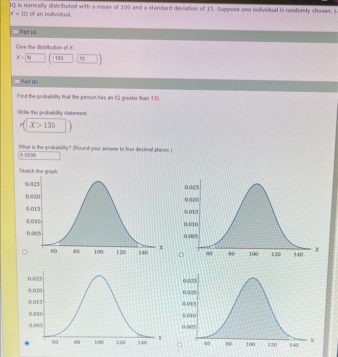 Solved IQ Is Normally Distributed With A Mean Of 100 And A | Chegg.com