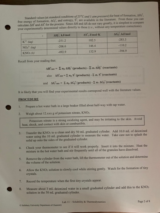 LAB 11 SOLUBILITY & THERMODYNAMICS PRE-LAB READING | Chegg.com