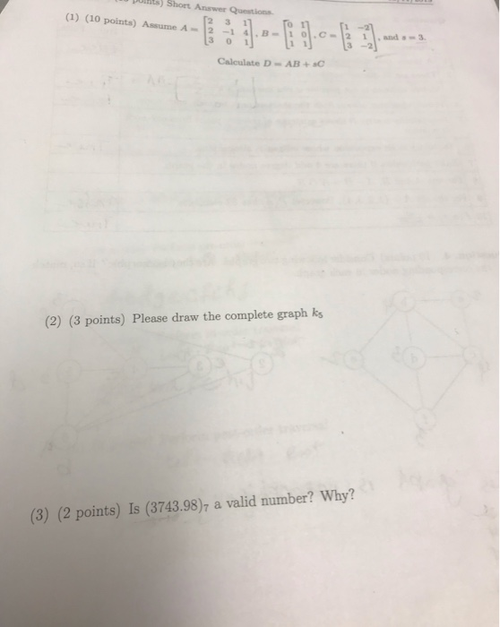 Solved Short Answer Questions (1) (10 points) Assume A 2 -1 | Chegg.com