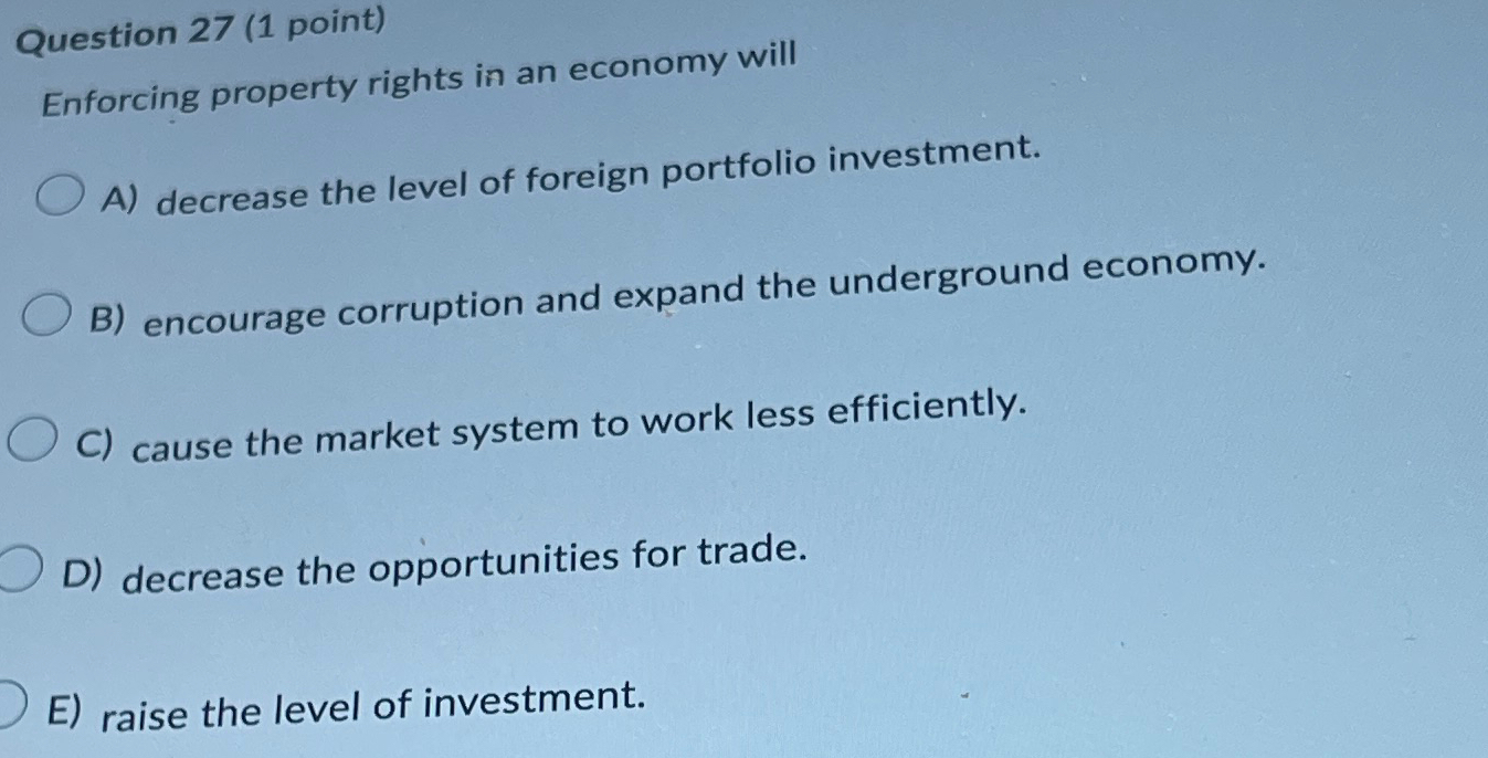 Solved Question 27 (1 ﻿point)Enforcing property rights in an