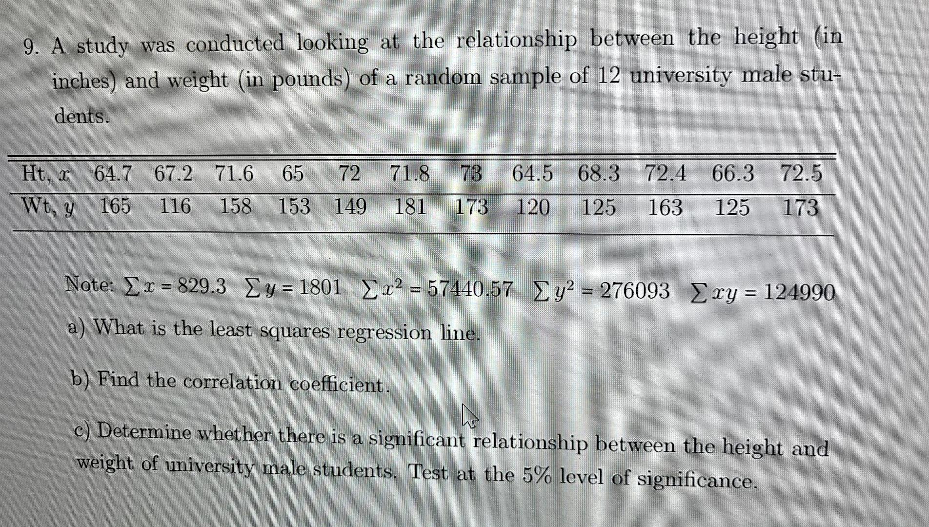 Solved 9. A study was conducted looking at the relationship | Chegg.com