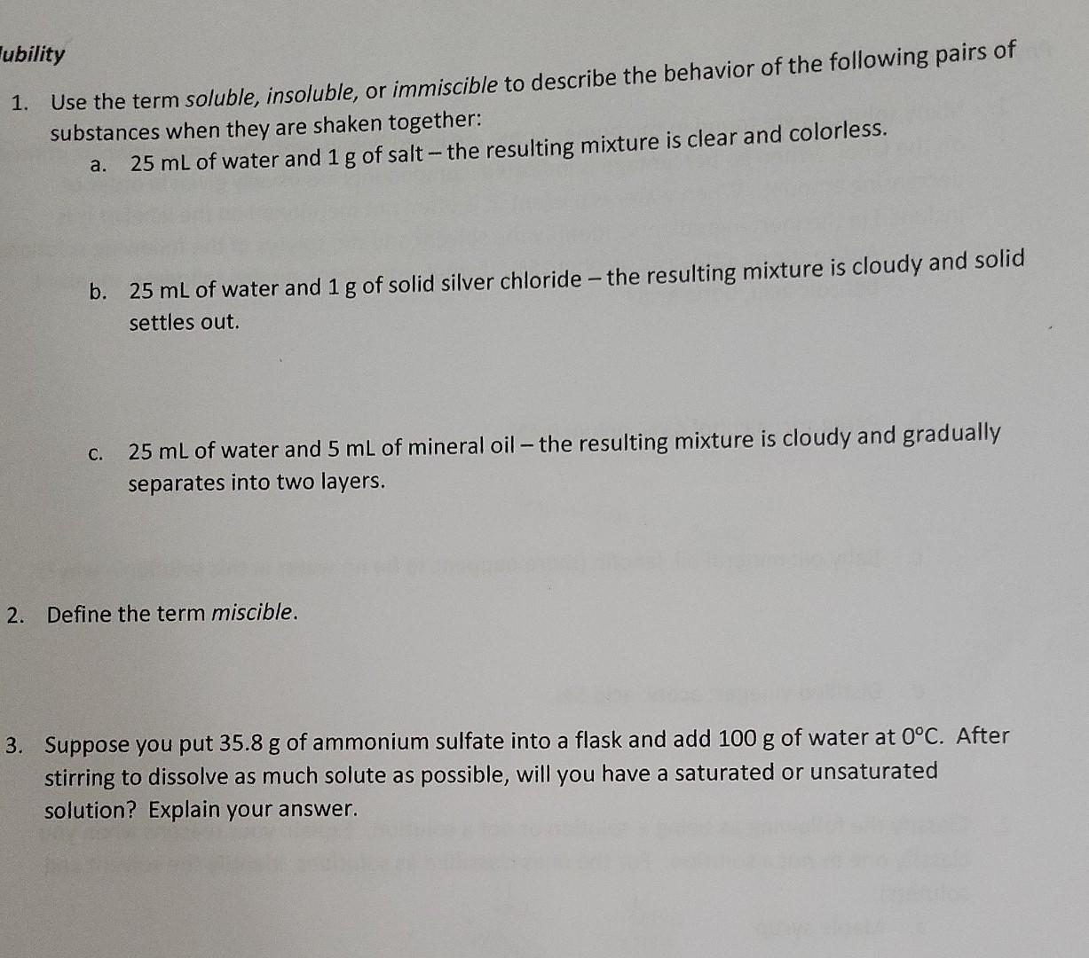 Solved ubility 1. Use the term soluble, insoluble, or | Chegg.com