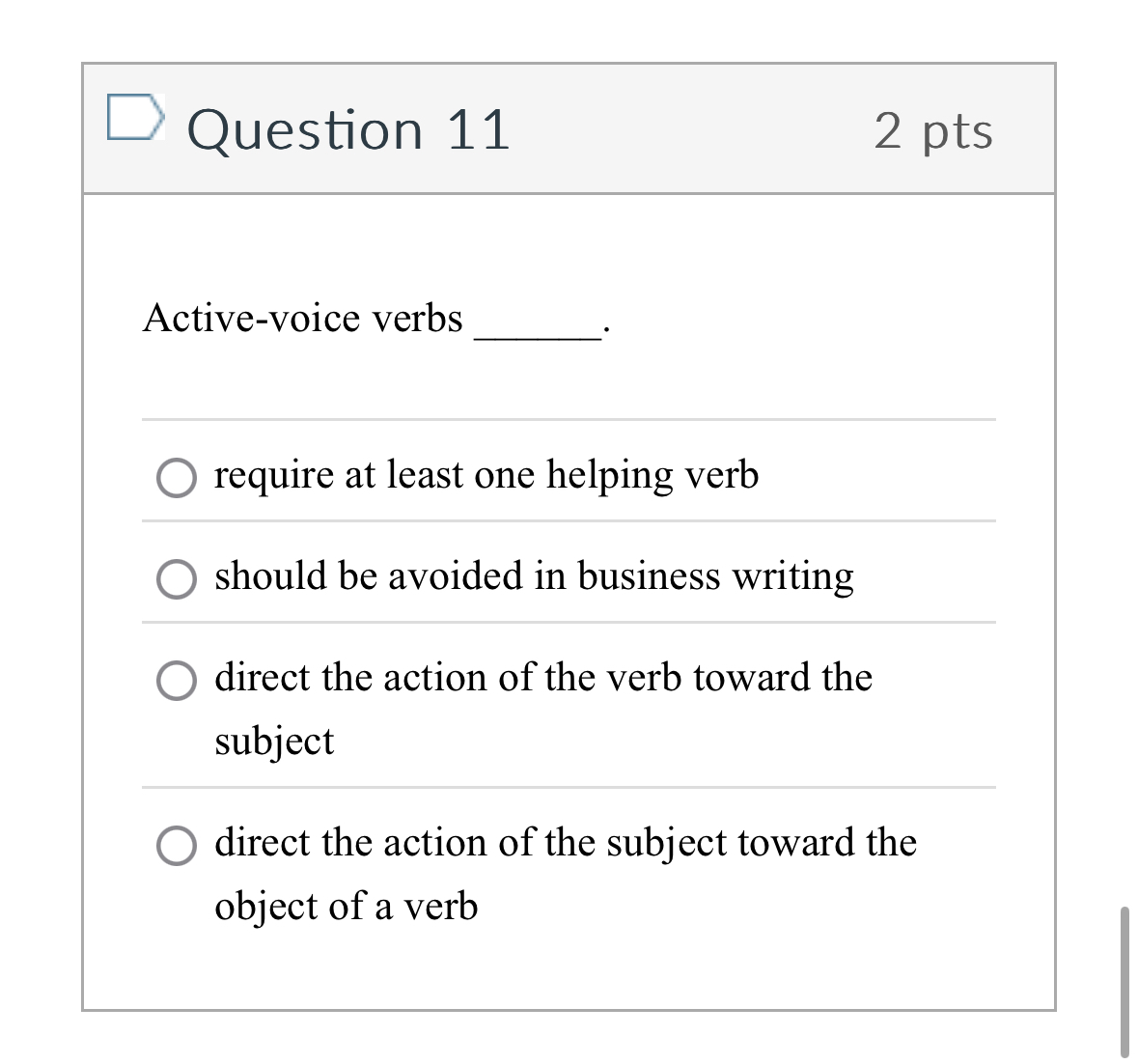 Solved Question 112 ﻿ptsActive-voice verbsrequire at least | Chegg.com