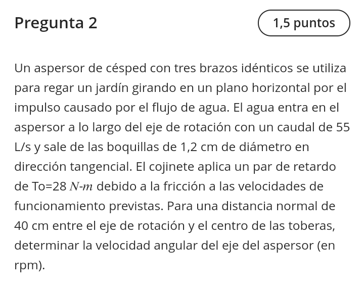 Un aspersor de césped con tres brazos idénticos se utiliza para regar un jardín girando en un plano horizontal por el impulso