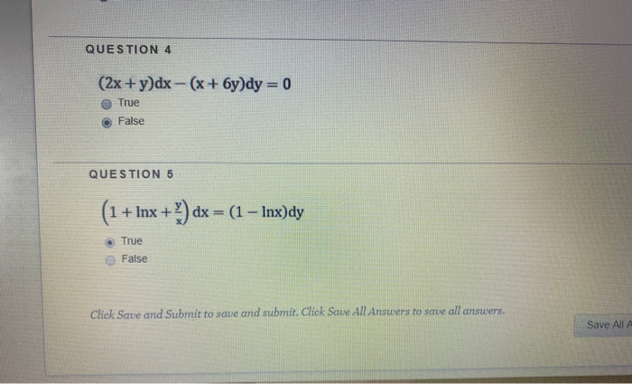 Question 4 2x Y Dx X 6y Dy 0 True False Question Chegg 