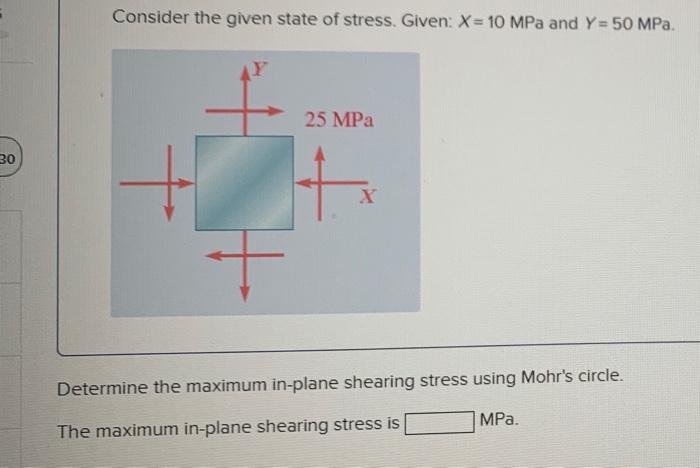 Solved Consider the given state of stress. Given: X= 10 MPa | Chegg.com