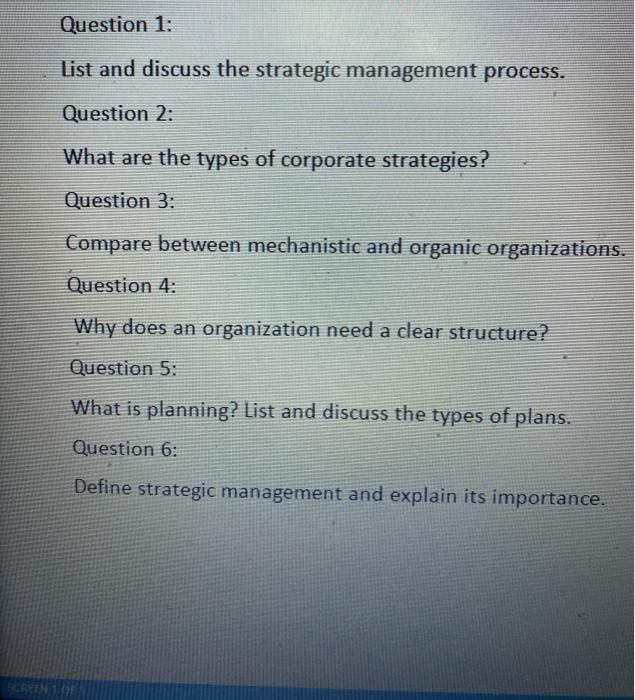 Solved Question 1: List And Discuss The Strategic Management | Chegg.com