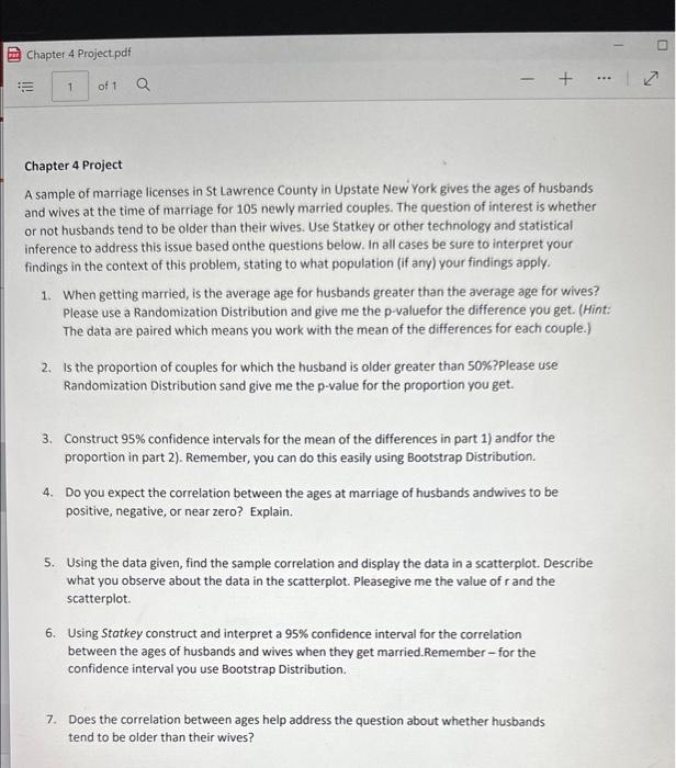 Solved Chapter 4 Project A sample of marriage licenses in St | Chegg.com