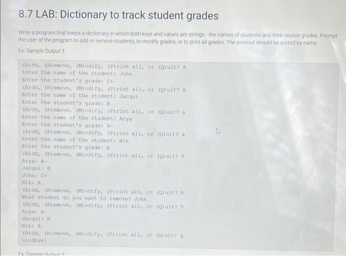 Solved 8.7 LAB: Dictionary to track student grades Write a | Chegg.com