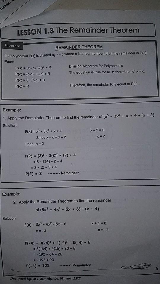 Solved Doiire Lesson 1 3 The Remainder Theorem Theorem Chegg Com