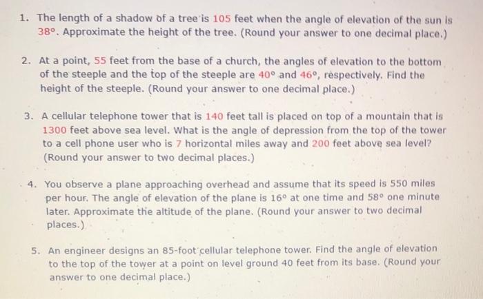 Solved 1. The length of a shadow of a tree is 105 feet when | Chegg.com