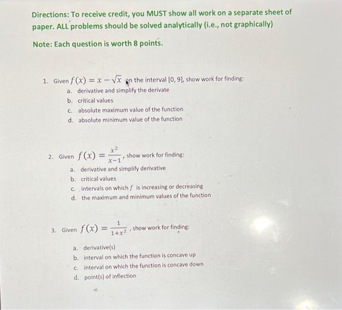 Solved Directions: To receive credit, you MUST show all work | Chegg.com