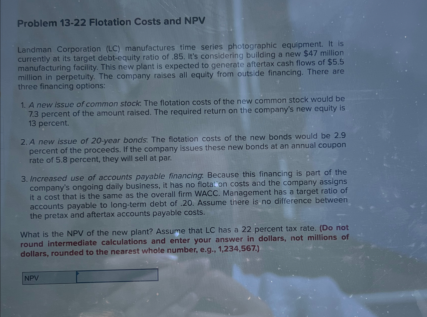 Solved Problem 13-22 ﻿Flotation Costs and NPVLandman | Chegg.com