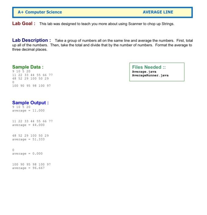 Solved A+ Computer Science AVERAGE LINE Lab Goal : This lab | Chegg.com