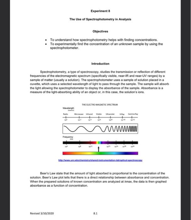 Experiment 8 The Use of Spectrophotometry in Analysis
