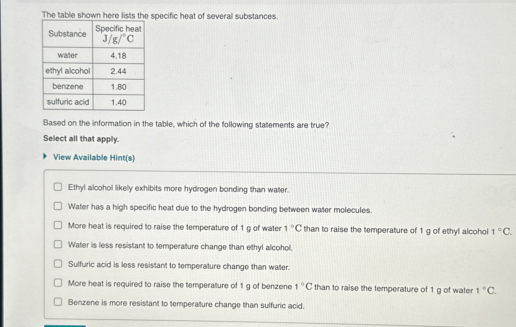 Solved The Table Shown Here Lists The Specific Heat Of | Chegg.com