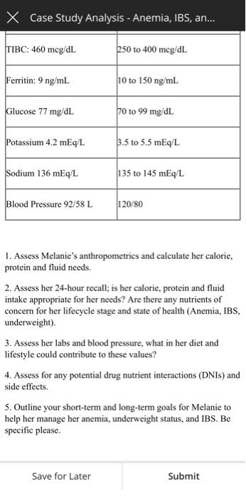 Solved X Case Study Analysis - Anemia, IBS, an... Anemia, | Chegg.com
