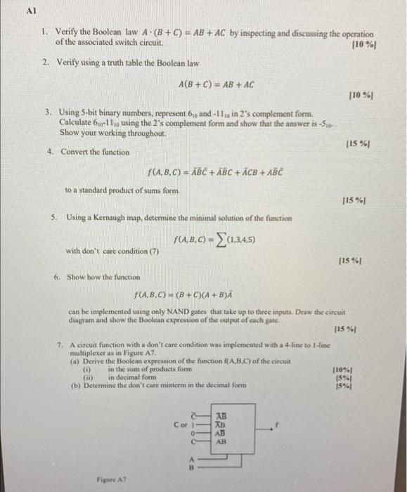 Solved AL 1. Verify The Boolean Law A. (B+C) = AB + AC By | Chegg.com