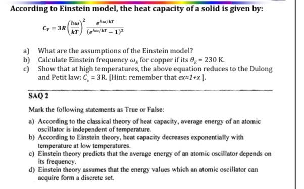 Solved According To Einstein Model, The Heat Capacity Of A | Chegg.com