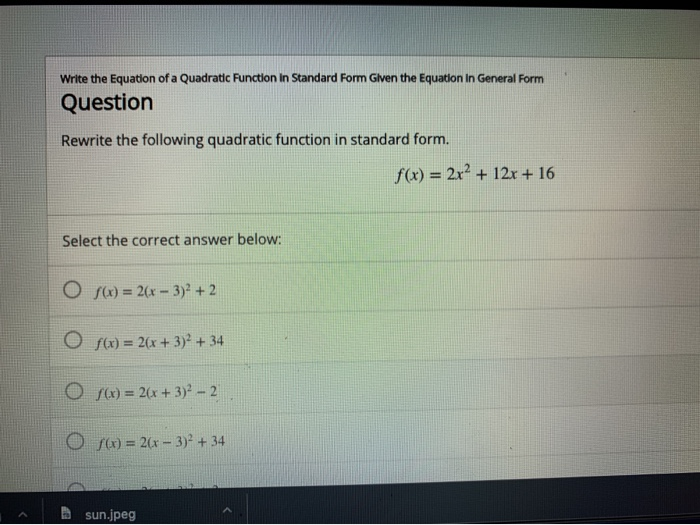 Solved Write the Equation of a Quadratic Function in | Chegg.com