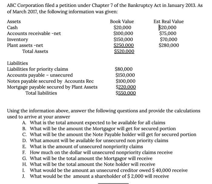 Solved ABC Corporation filed a petition under Chapter 7 of | Chegg.com