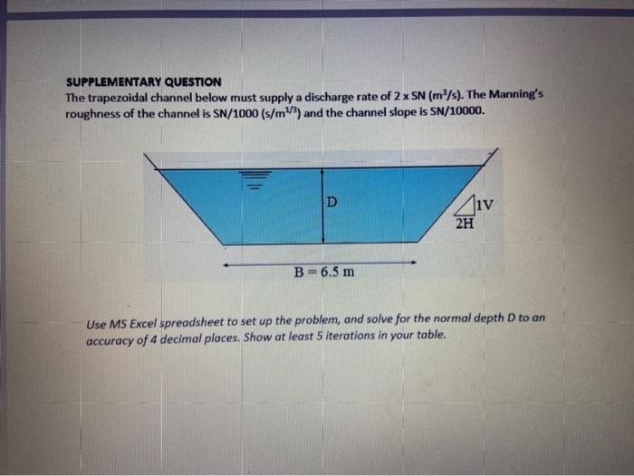 Solved SUPPLEMENTARY QUESTION The trapezoidal channel below | Chegg.com