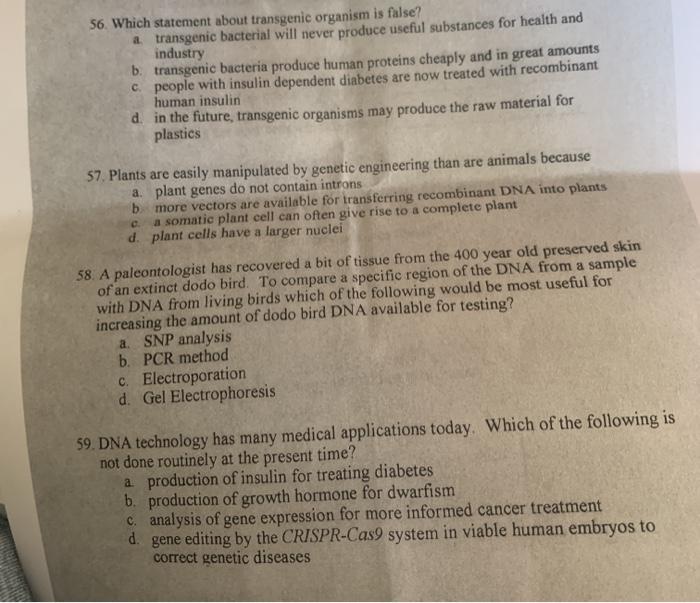 Solved 56 Which Statement About Transgenic Organism Is F Chegg Com