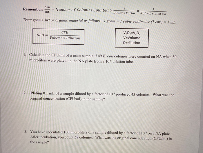 Solved 1 1 CFU Remember: = Number of Colonies Counted x X ml | Chegg.com
