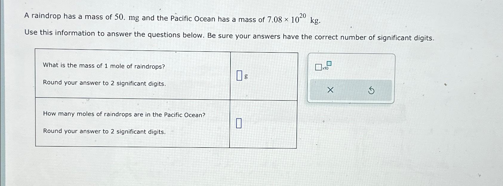 Solved A raindrop has a mass of 50.mg ﻿and the Pacific Ocean | Chegg.com