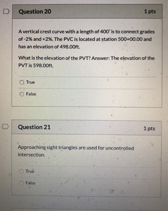 Solved Question 20 1 pts A vertical crest curve with a | Chegg.com