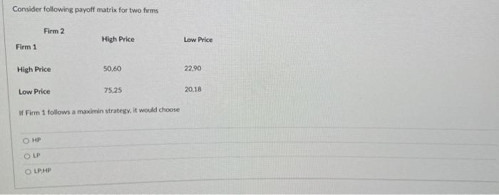 Solved Consider following payoff matrix for two firms If | Chegg.com