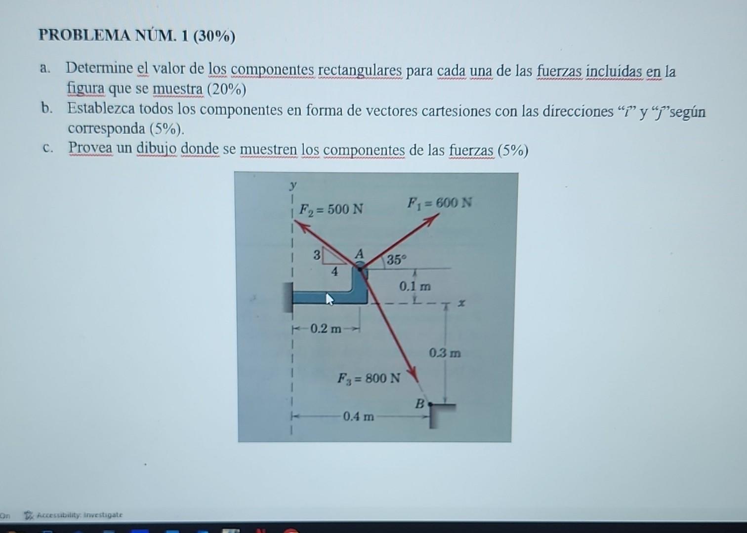 PROBLEMA NÚM. 1 (30\%) a. Determine el valor de los componentes rectangulares para cada una de las fuerzas incluidas en la fi