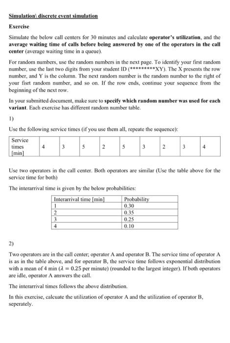 Solved Simulation discrete event simulation Exercise | Chegg.com