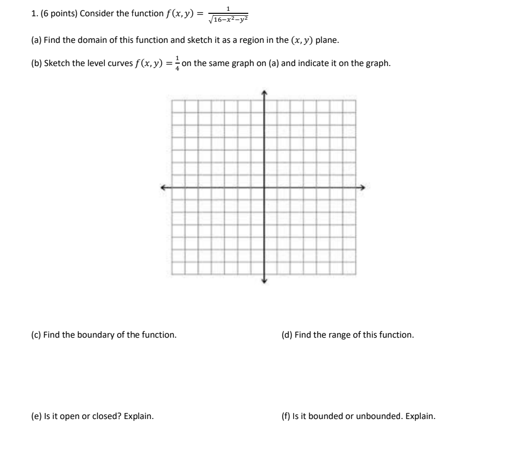 Solved 1. (6 points) Consider the function f(x,y)=16−x2−y21 | Chegg.com