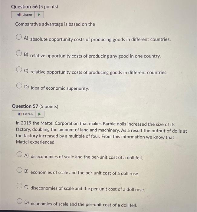 Solved Question 56 (5 points) Comparative advantage is based | Chegg.com