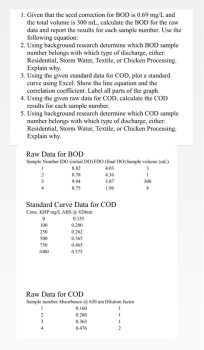 Solved 1. Given that the seed correction for BOD is 0.69 | Chegg.com