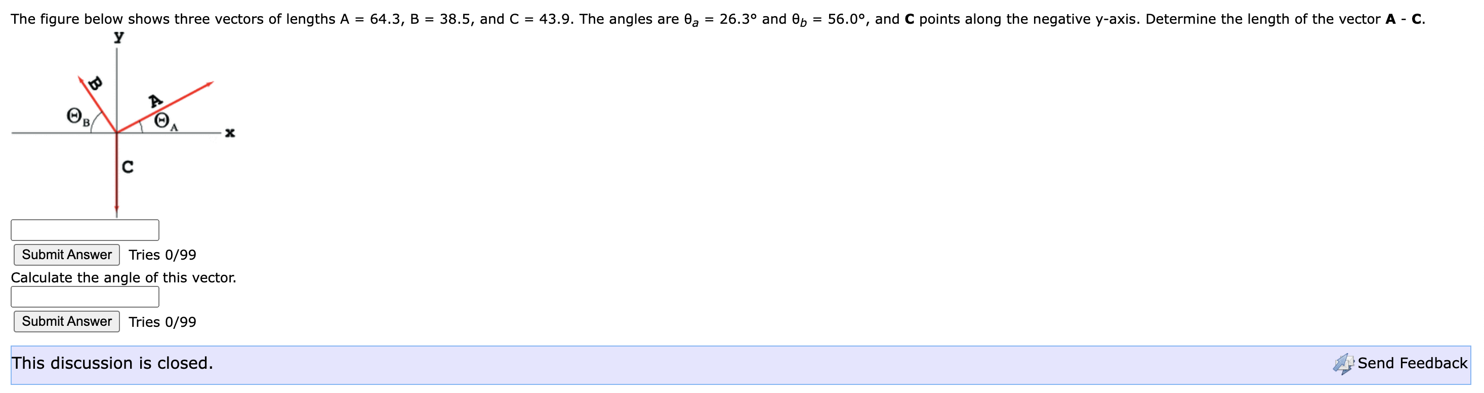 Solved The figure below shows three vectors of lengths | Chegg.com