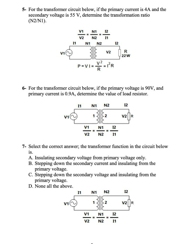 Solved 5. For the transformer circuit below, if the primary | Chegg.com