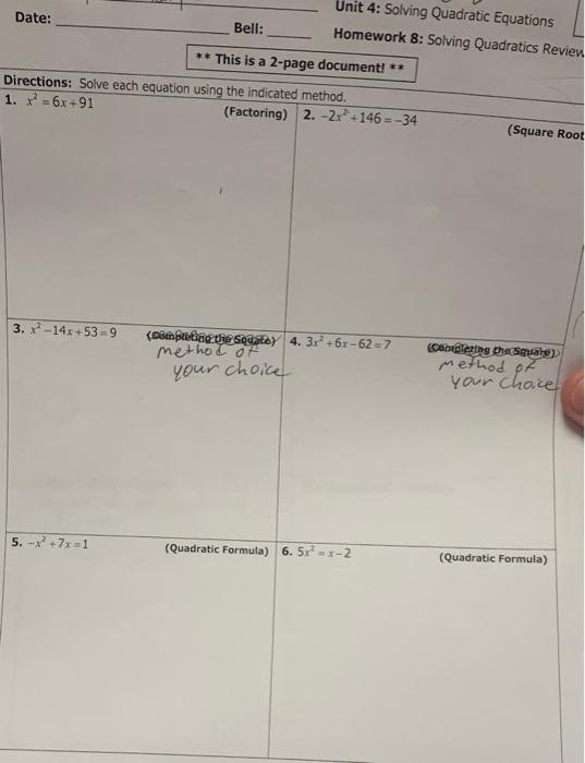 unit 4 solving quadratic equations homework 3 answer key