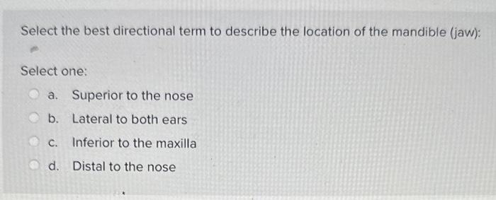 Solved Select the best directional term to describe the | Chegg.com