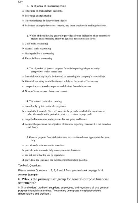 Solved MC 1. The objective of financial reporting L is | Chegg.com