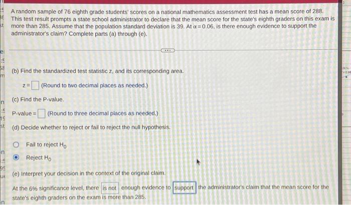 Solved A random sample of 76 eighth grade students' scores | Chegg.com