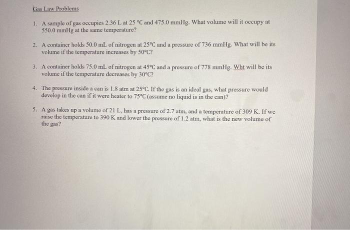 Solved Gas Law Problems A Sample Of Gas Occupies L Chegg Com