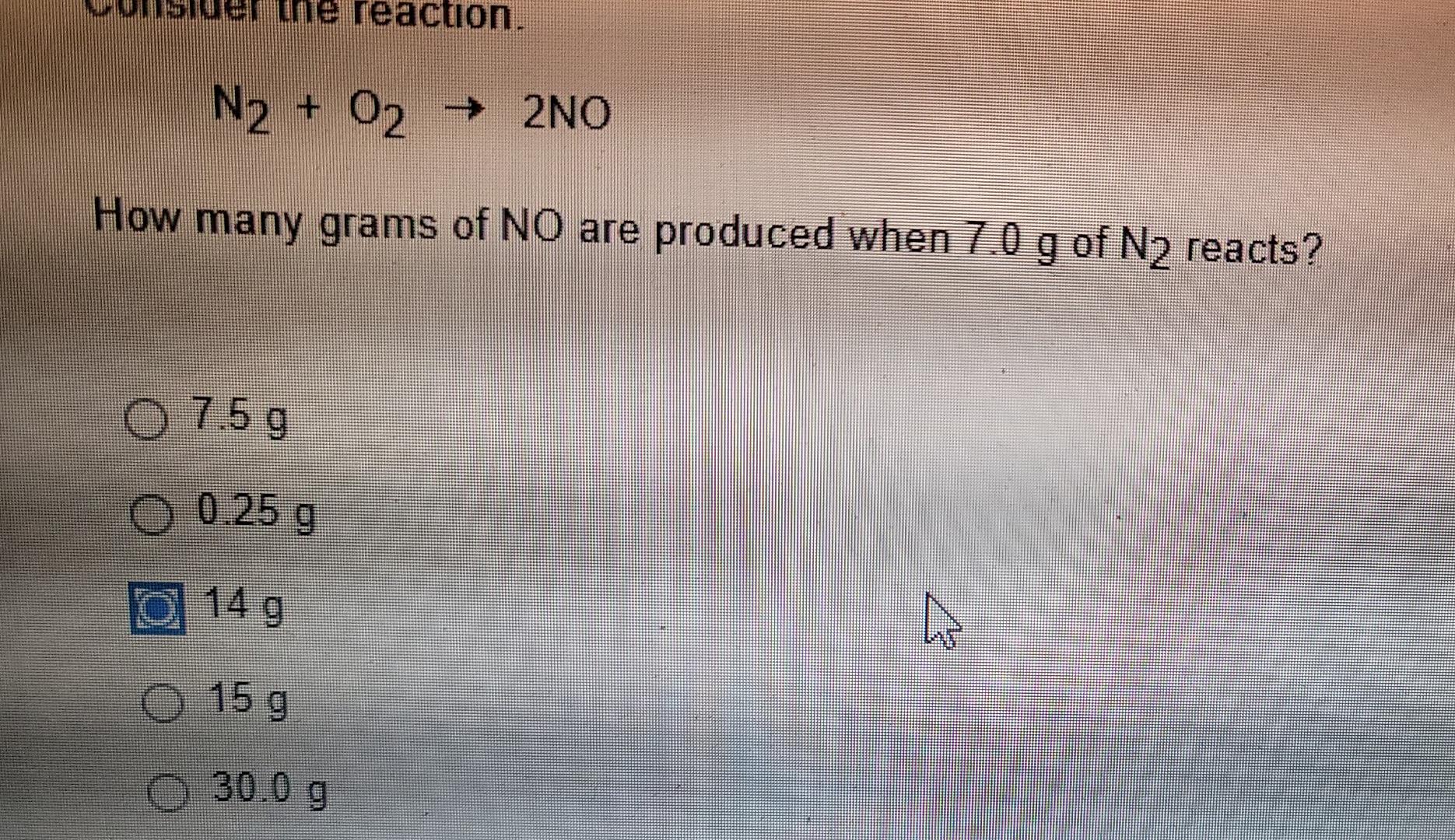 Solved the reaction. N2 + O2 + 2NO το How many grams of NO | Chegg.com