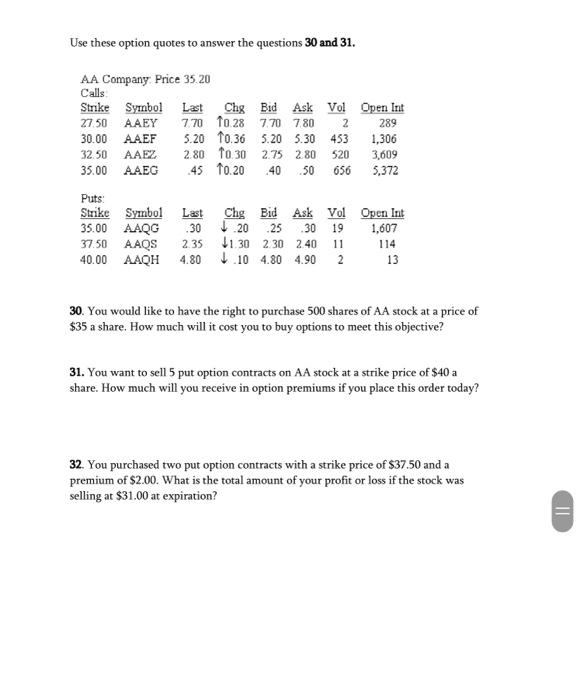 Solved Use these option quotes to answer the questions 30 | Chegg.com