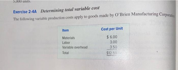 Solved 5.000 units. Exercise 2-4A Determining total variable | Chegg.com