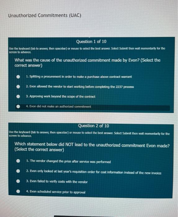 Solved Unauthorized Commitments (UAC) Question 1 Of 10 Use | Chegg.com